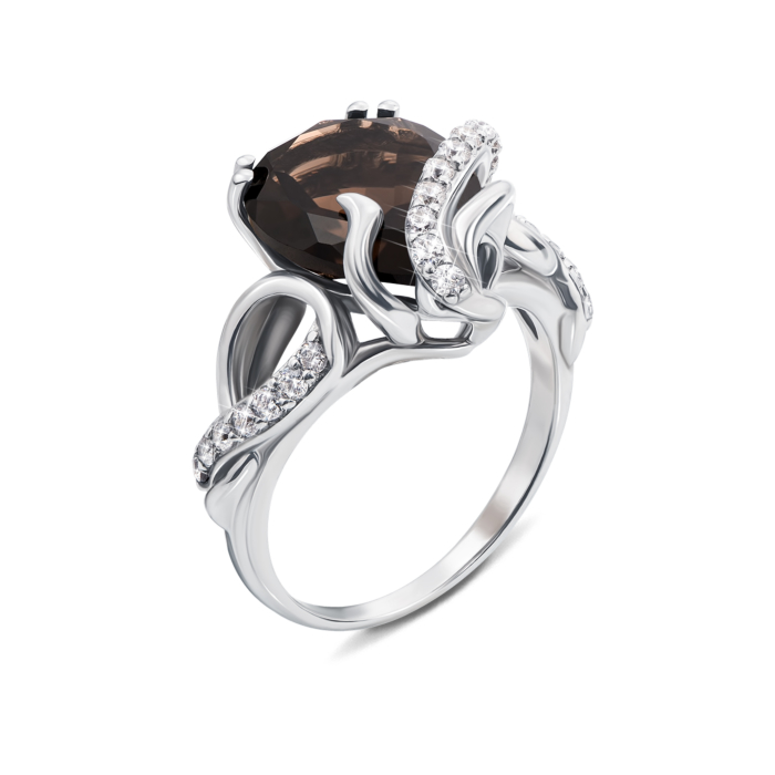 12345 Срібна каблучка з димчастим кварцом і фіанітами. Артикул 1742/9р 12345 грн4,002 12345