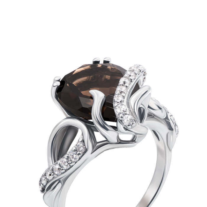 12345 Срібна каблучка з димчастим кварцом і фіанітами. Артикул 1742/9р 12345 грн4,002 12345