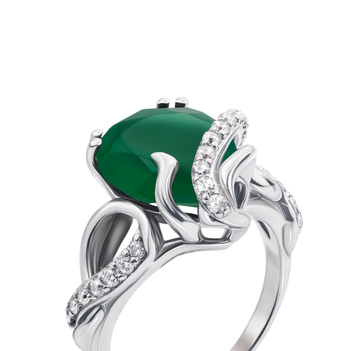 12345 Срібна каблучка з зеленим агатом і фіанітами. Артикул 1742/9р 12345 грн3,849 12345