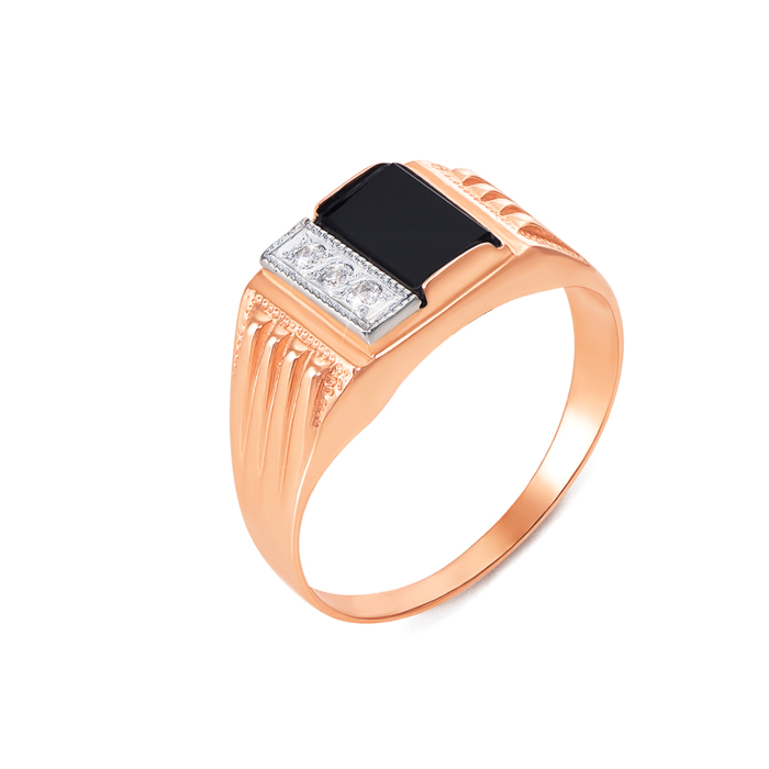 Золотая печатка с ониксом и фианитами. Артикул 1923