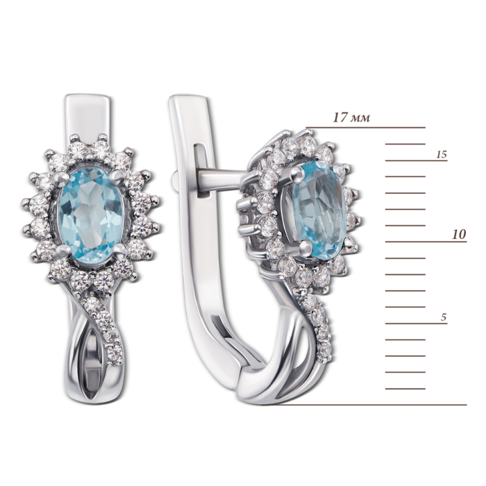 Серебряные серьги с голубым топазом и фианитами. Артикул 2150/9р