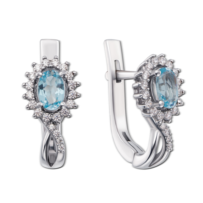 Серебряные серьги с голубым топазом и фианитами. Артикул 2150/9р
