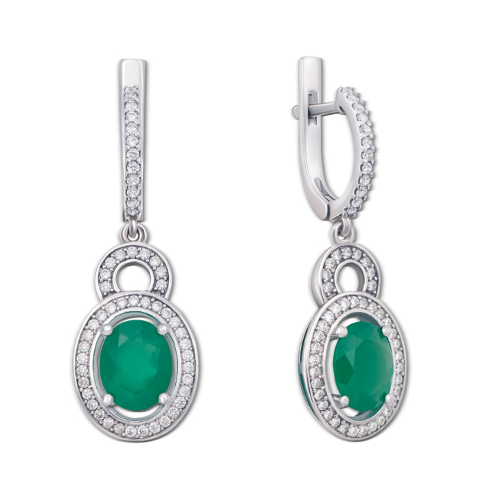 12345 Срібні сережки-підвіски з зеленим агатом і фіанітами. Артикул 2157/9р 12345 грн4,267 12345