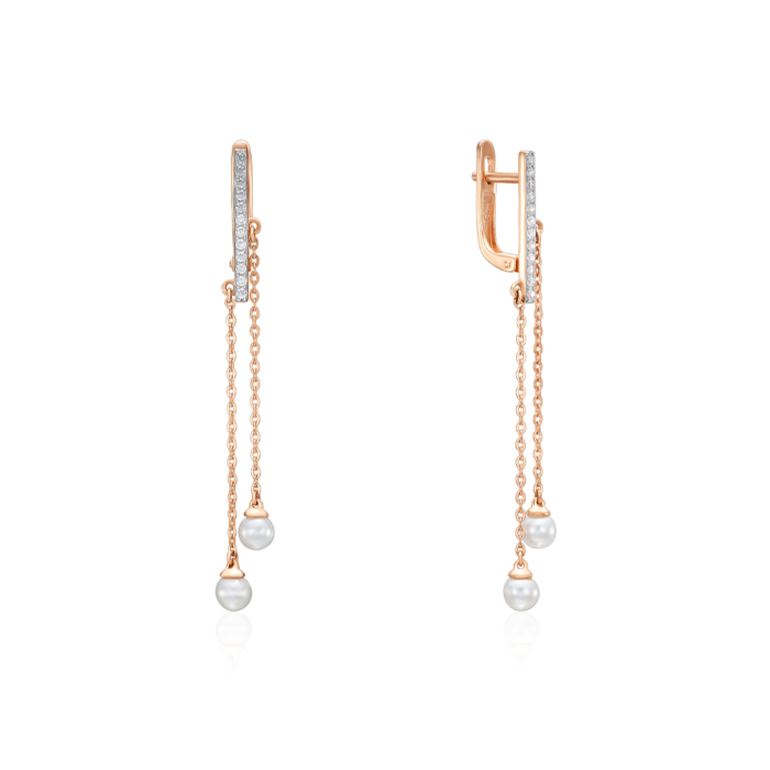 12345 Золоті сережки-підвіски з перлами та фіанітами. Артикул 23529/01/1/1974 12345 грн13,527 12345