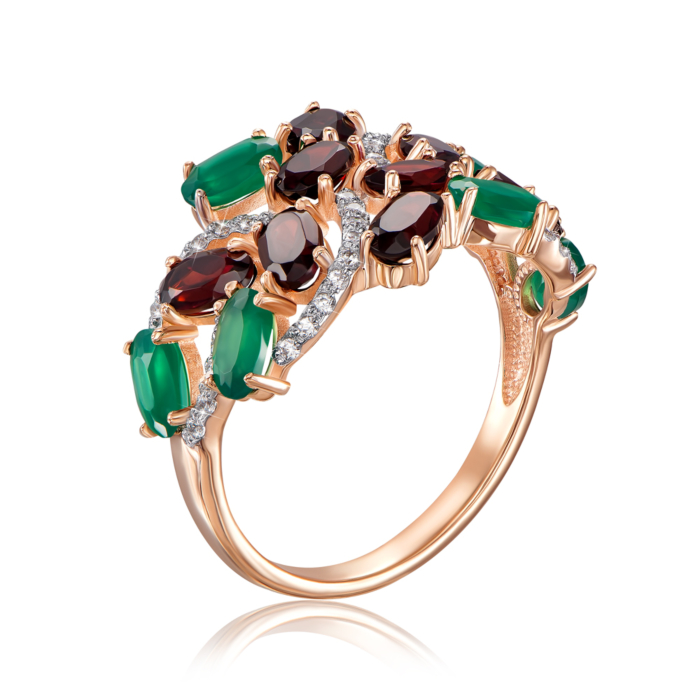 12345 Золота каблучка з агатом, гранатом і фіанітами. Артикул 530237/01/1/5912 12345 грн15,481 12345