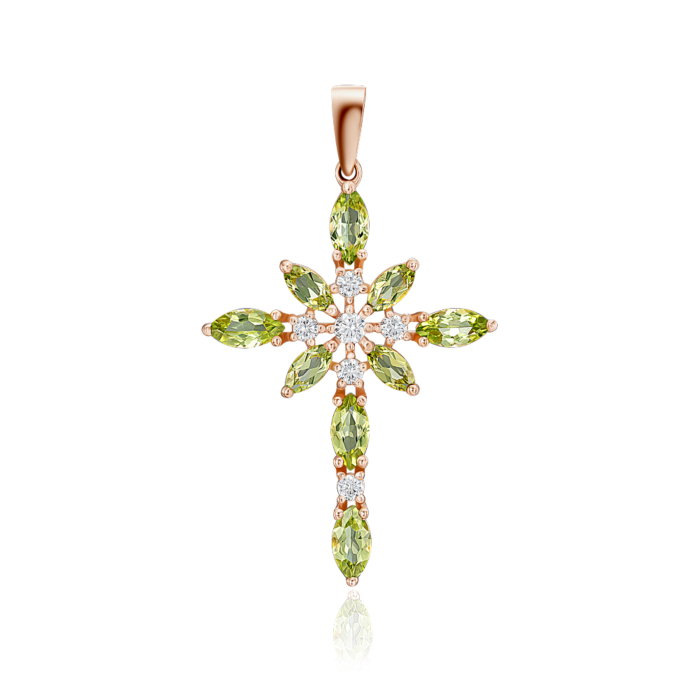 Золотой крестик с хризолитом и фианитами. Артикул 550099/01/0/7215