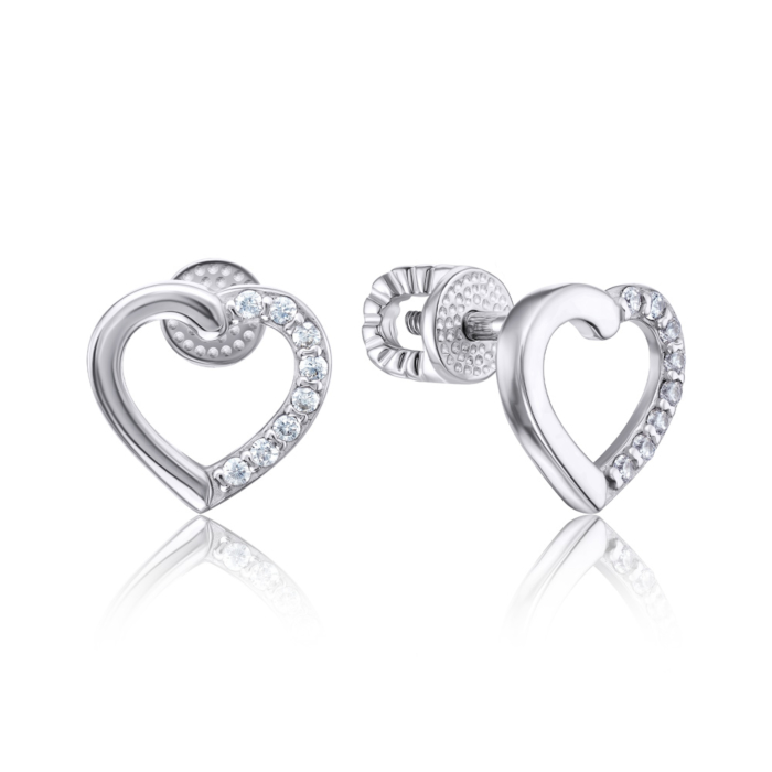 Срібні сережки-пусети «Серце» з фіанітами. Артикул 40623/12/1/1