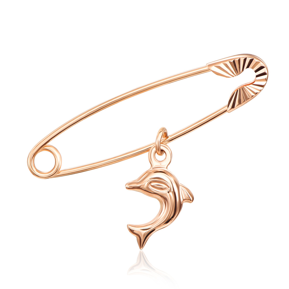 Золотая брошь-булавка с подвеской «Дельфин». Артикул 04023