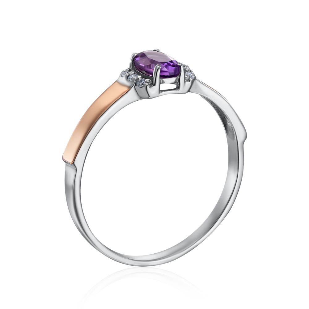 Серебряное кольцо с золотыми вставками с аметистом и фианитами. Артикул 1315/1р-AMT