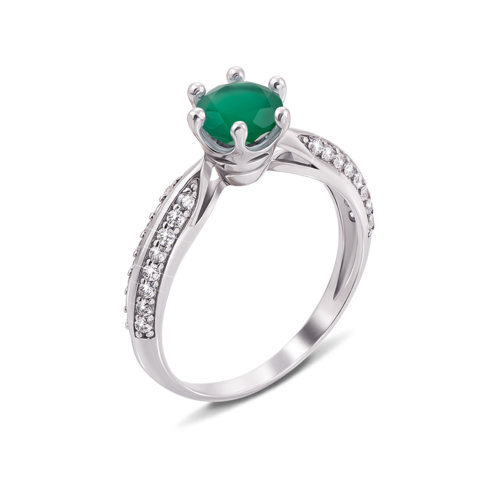 Серебряное кольцо с зеленым агатом и фианитами. Артикул 1580/9р