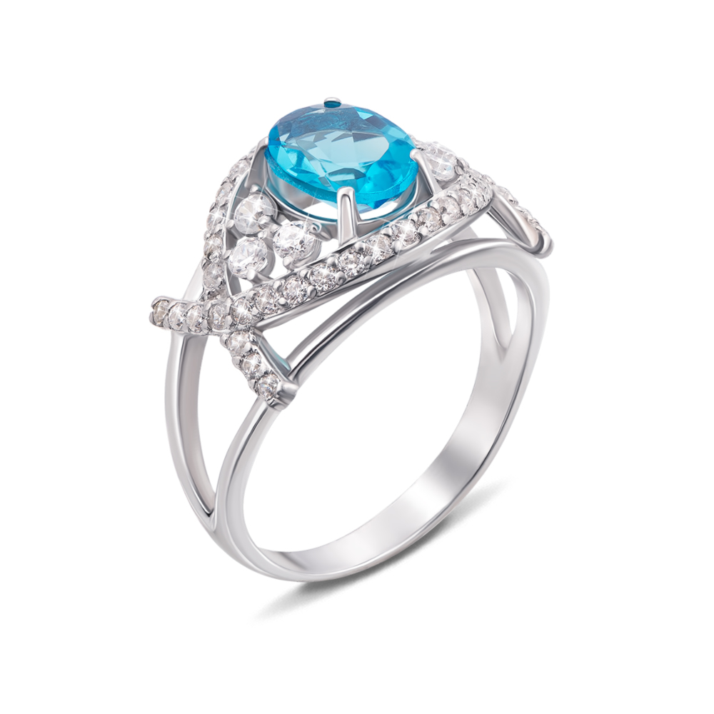 Серебряное кольцо с голубым кварцем и фианитами. Артикул 1703/9р