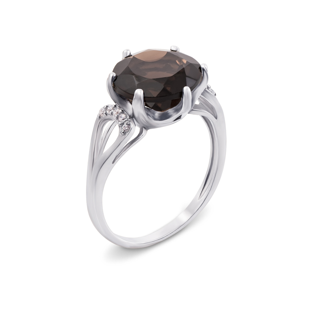 Серебряное кольцо с дымчатым кварцем и фианитами. Артикул 1729/9р