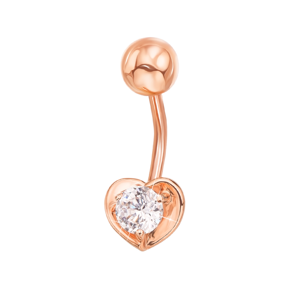 Золотая серьга-пирсинг «Сердечко» с фианитом. Артикул 21072