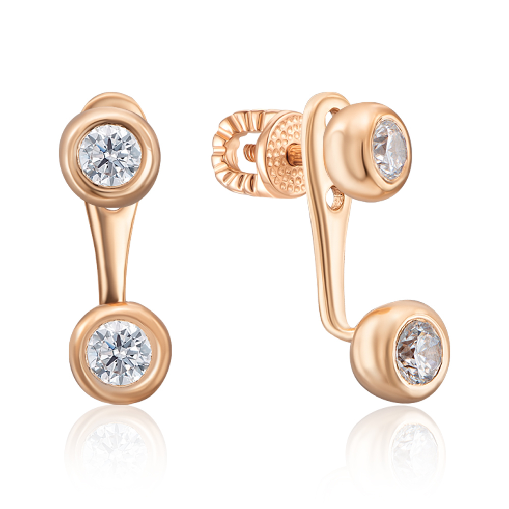 Золотые пуссеты с фианитами 2 в 1. Артикул 21810/01/0/28