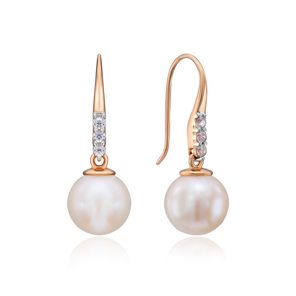 Золотые серьги-подвески с жемчугом и фианитами. Артикул 21831/01/1/910