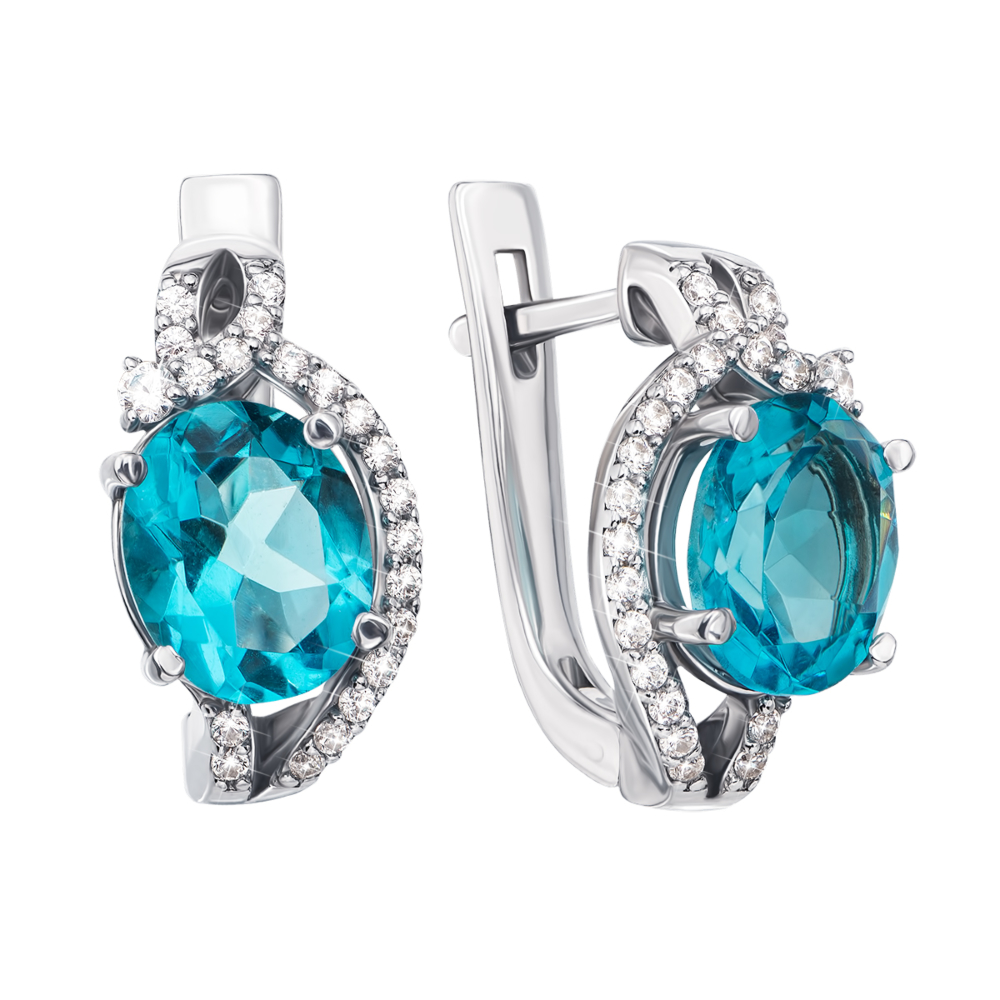 Серебряные серьги с голубым кварцем и фианитами. Артикул 2241/9р