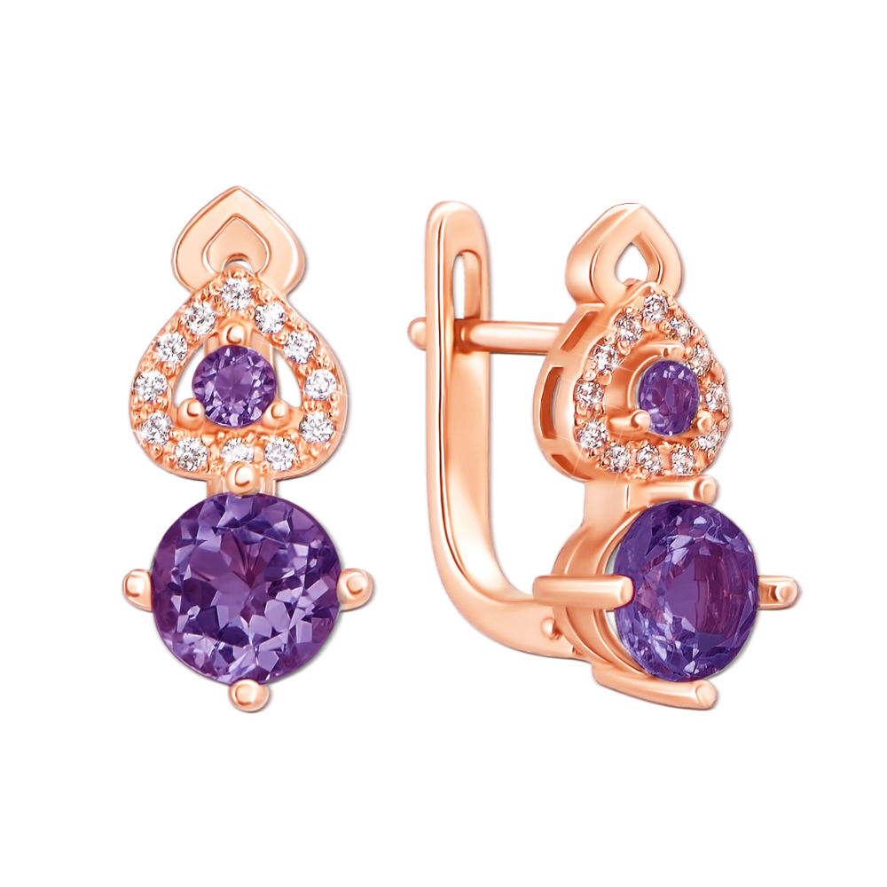 Золотые серьги с аметистом и фианитами. Артикул 50332/ам к