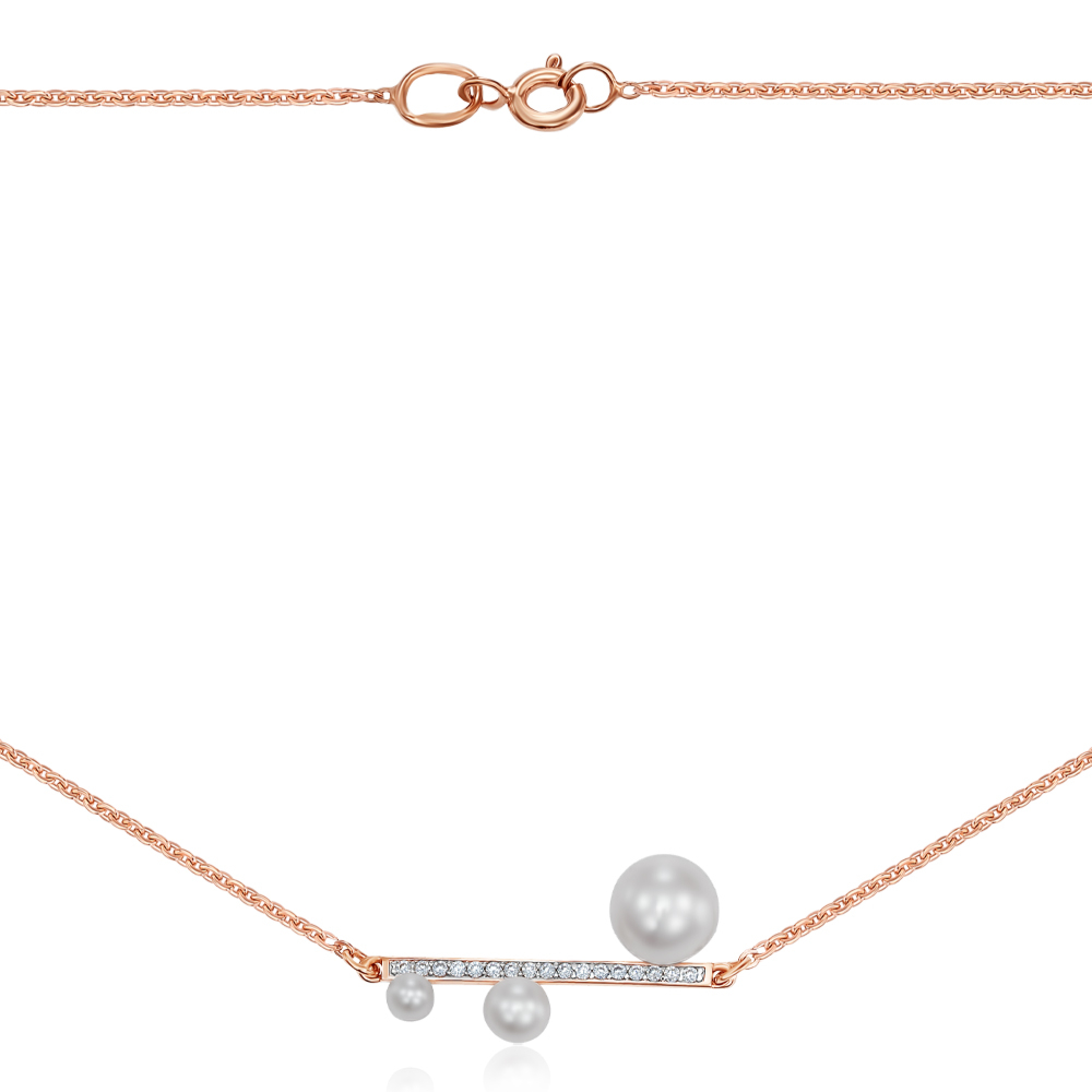 Золотое колье с фианитами и жемчугом. Артикул 6076/66024-3/01/1/4328