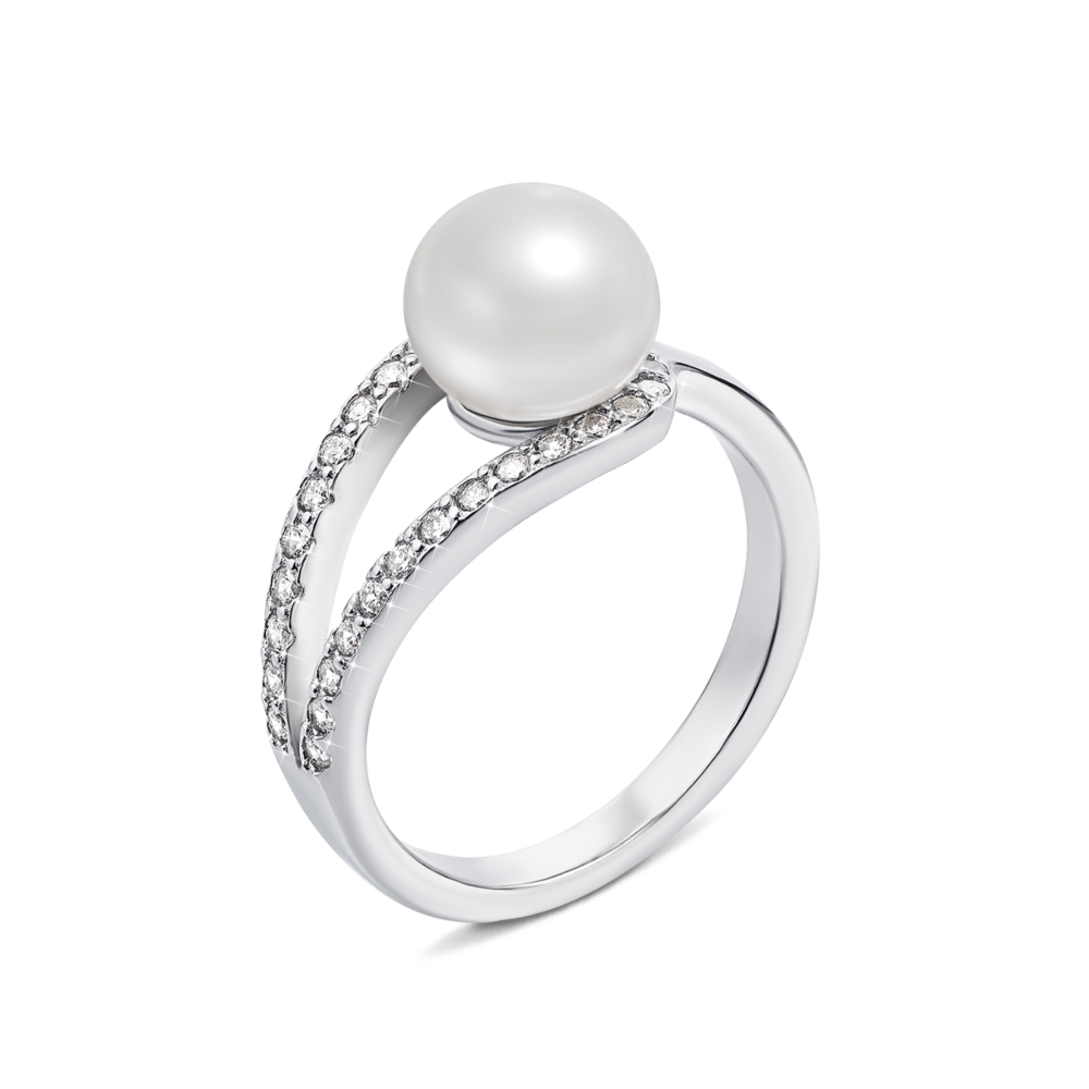 Серебряное кольцо с жемчугом и фианитами. Артикул PSS1081-R/12/680
