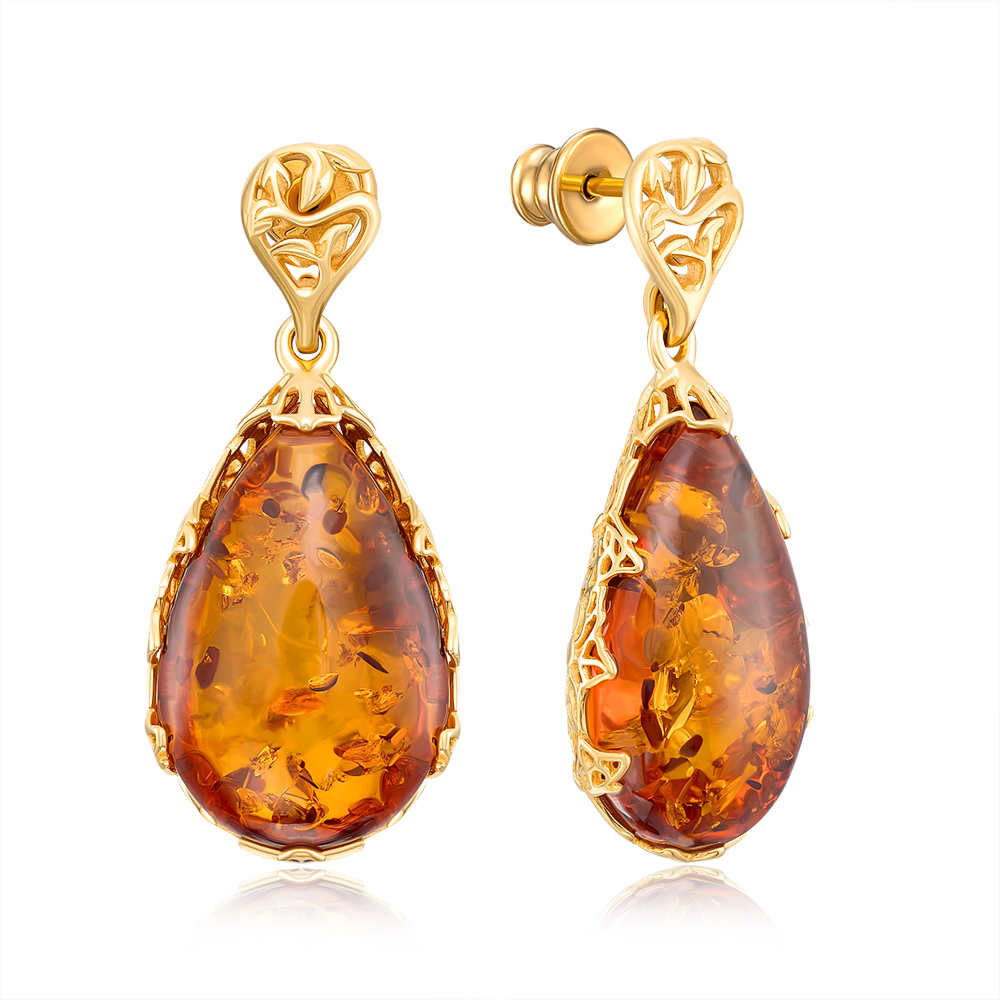 12345 Срібні позолочені сережки з бурштином. Артикул E596C-GP-E/20/2787 12345 грн5,779 12345