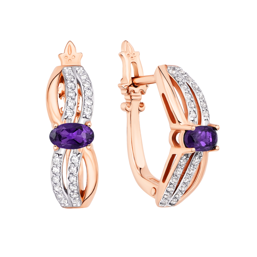 Золотые серьги с аметистом и фианитами. Артикул 50302/ам к